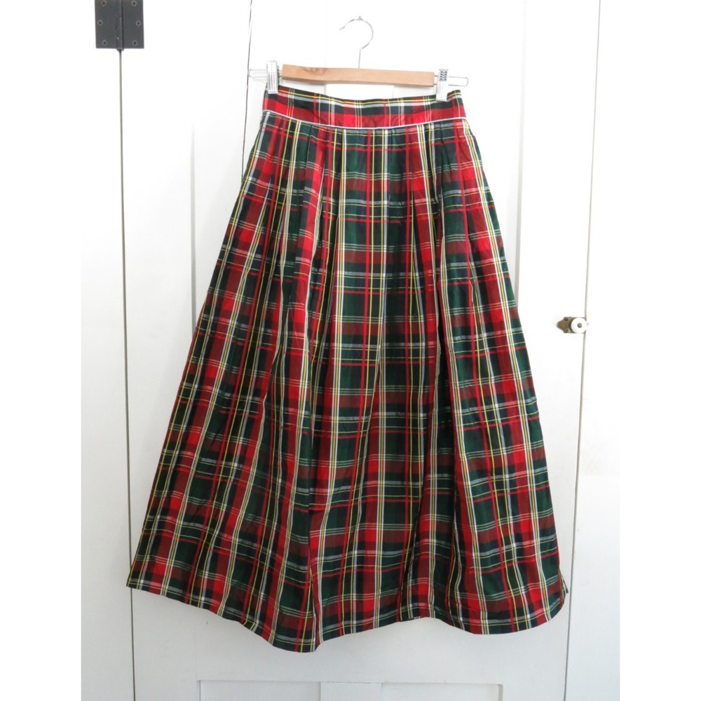 Vintage Susan Bristol Plaid Taffeta Midi Skirt 8 Red Pinup Pleated Cottagecore